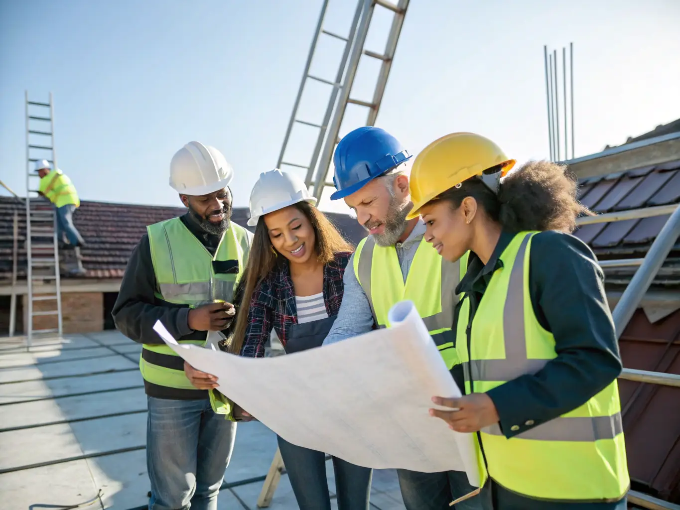 An image of a group of contractors collaborating on a roofing project, showcasing the physically demanding nature of their work and the potential for on-the-job injuries.