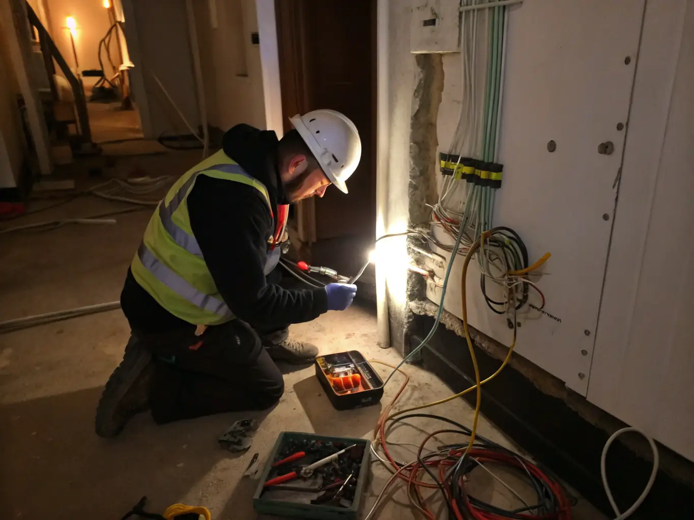 A close-up image of a contractor's hands skillfully working with electrical wiring, set against the backdrop of a partially constructed building, symbolizing the precision and risk involved in their trade.