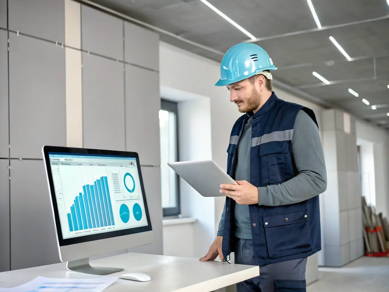 An image of a contractor reviewing paperwork on a job site, with a tablet displaying financial planning tools, illustrating the importance of financial security and planning for self-employed individuals.