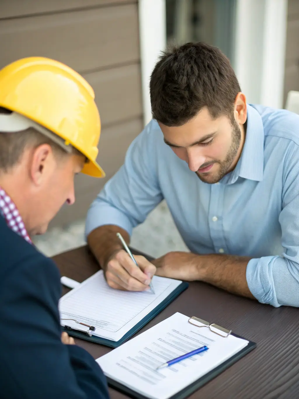 A contractor shaking hands with an insurance agent, symbolizing the selection of a coverage plan.
